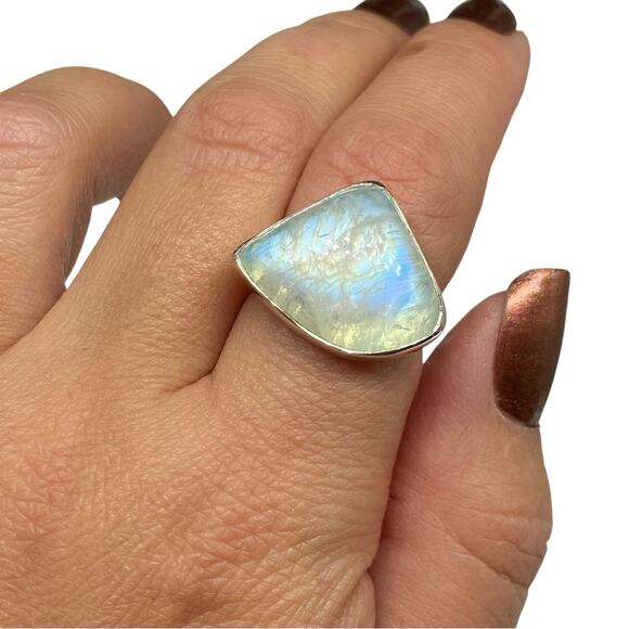 Green Flash Rainbow Moonstone Ring Size 8 Solid 925 Sterling Silver Stone Boho